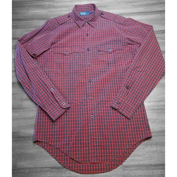 VTG Ralph Lauren Western Americana Cowboy Red Plaid Shirt Mens M RARE Ranch Wear